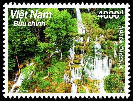 What is special about the 4 waterfalls introduced on the latest stamp set of Vietnam Post?