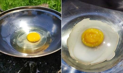 Malaysian woman uses sun heat to fry egg outdoors
